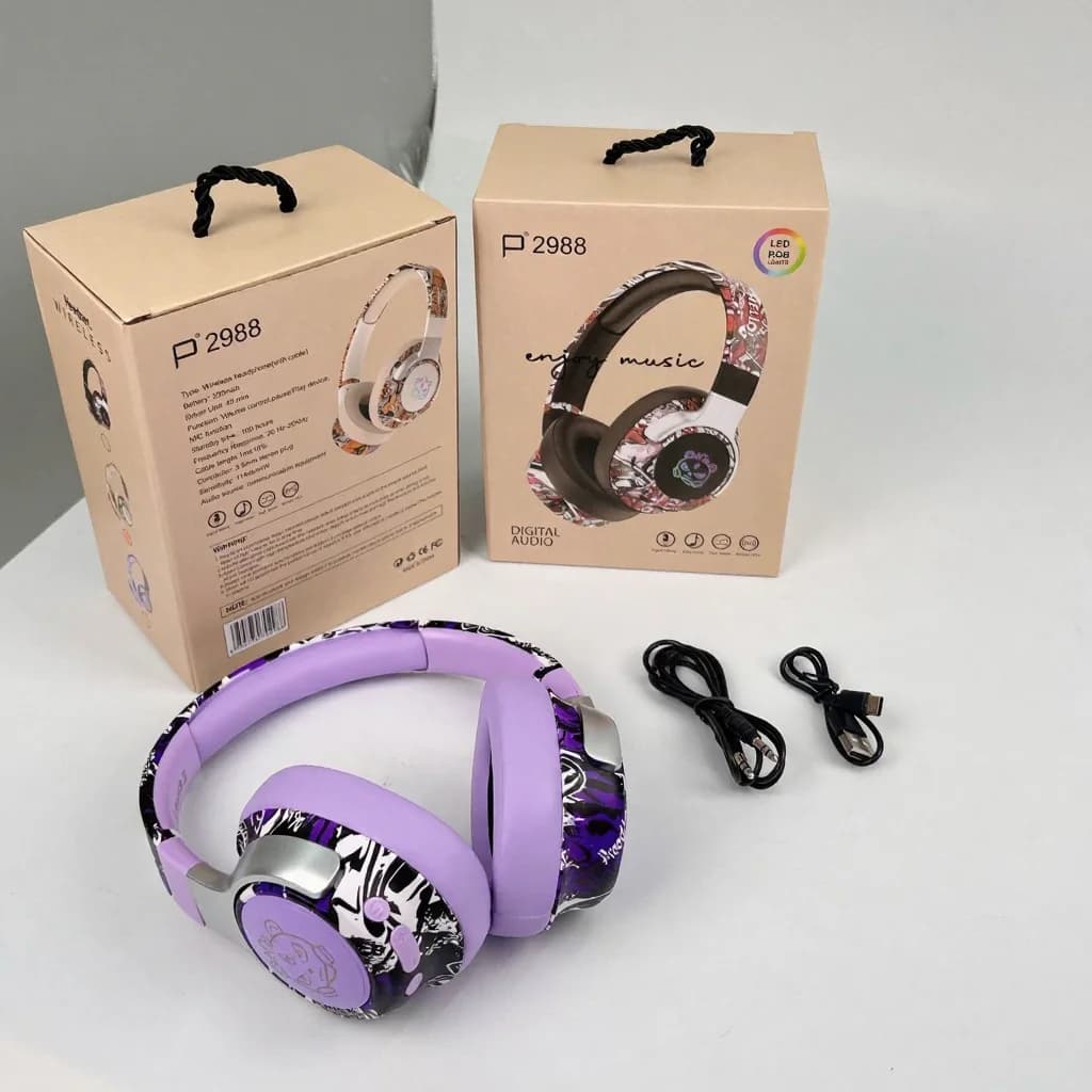 หูฟังบลูทูธแบบครอบหู ลายกราฟฟิตี้ พร้อมไฟ RGB และไมโครโฟน