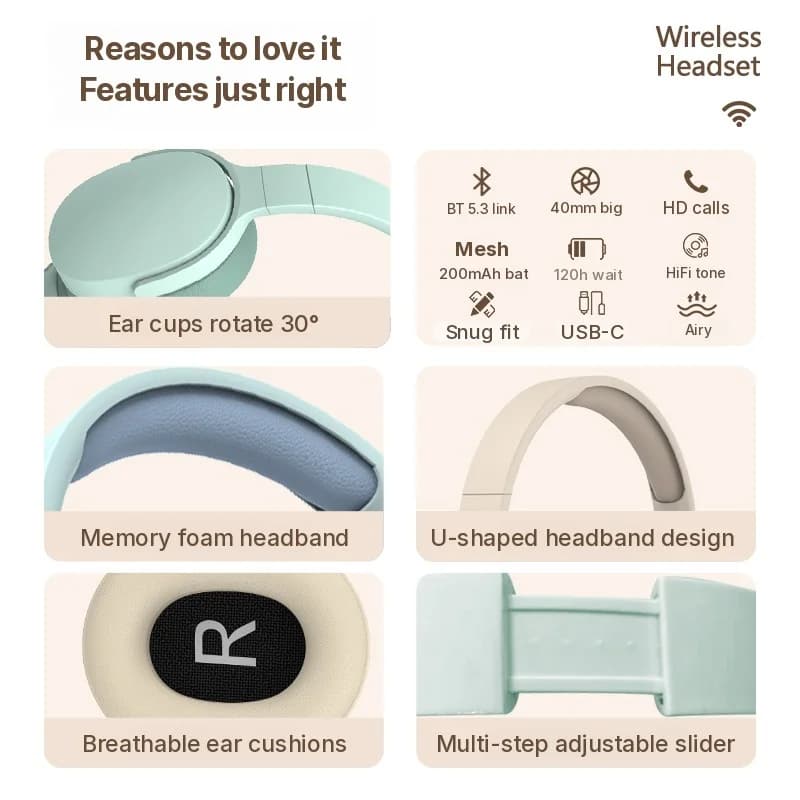 หูฟังไร้สาย Bluetooth แบบครอบหู พร้อมวิทยุ FM และช่องใส่การ์ด TF